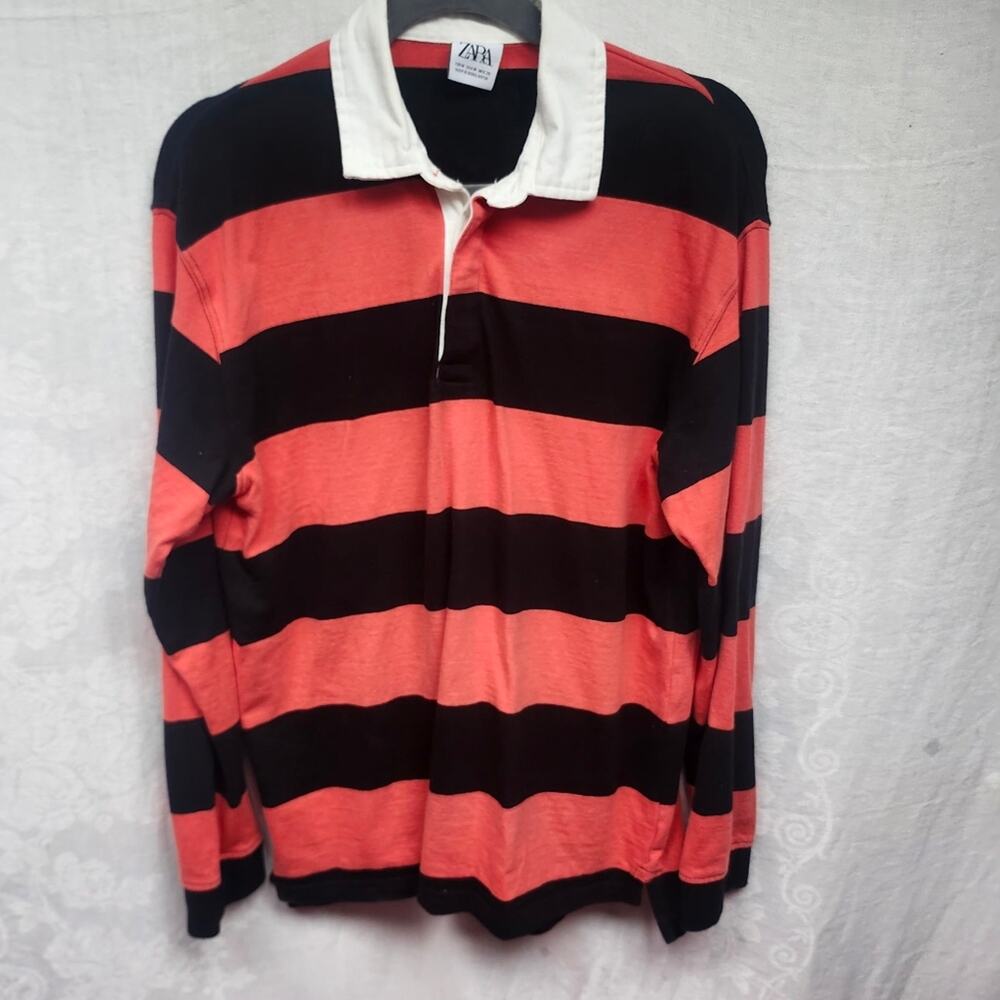 Zara Mens Medium Striped Rugby Polo Colored Long Sleeve